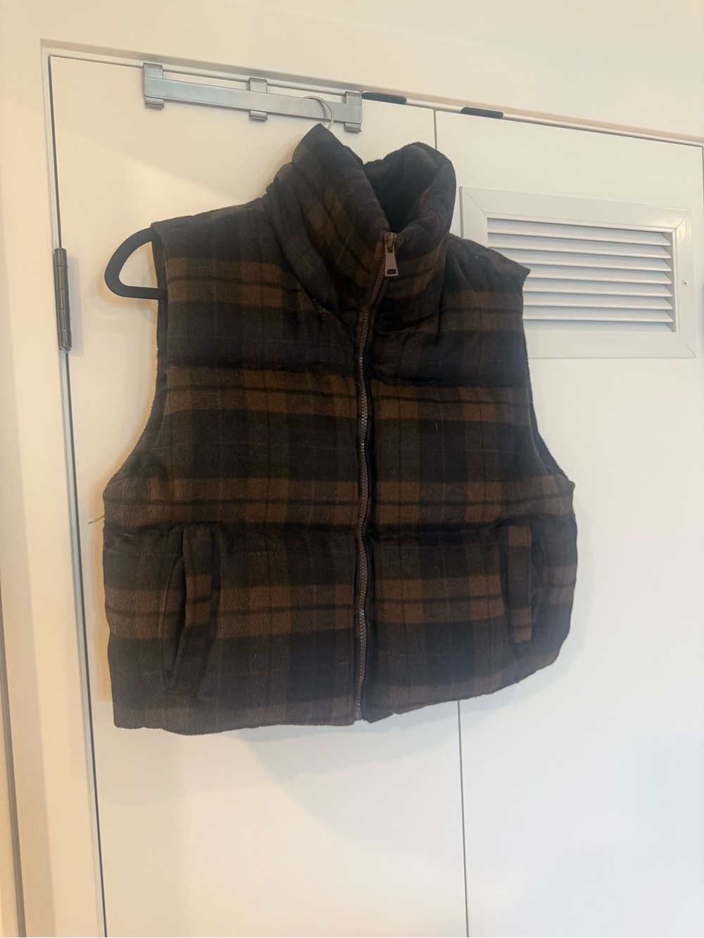 Plaid Puffer Vest in Brown and navy